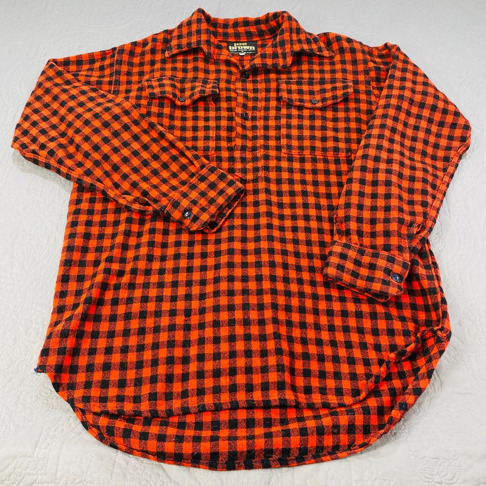 Vintage 50s Welsh Flannel Joe Brown Mens Large Popover Buffalo Check Plaid Flap
